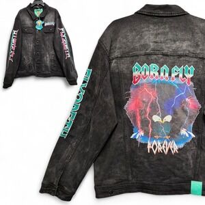 Born Fly Denim Jacket Mens 2XL (Fits as XL) Black Distressed Eagle Lightning NEW